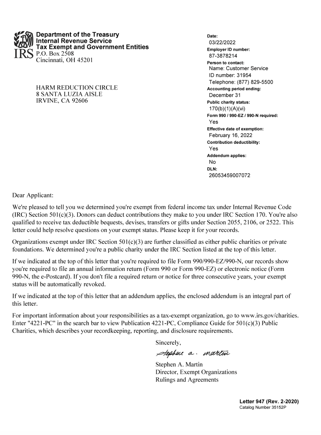 IRS Letter 947 Letter of Determination